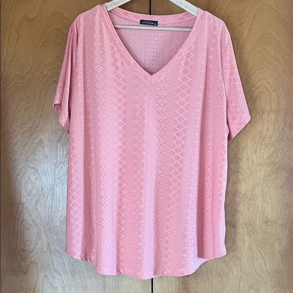 Eyelet V-Neck Stretchy Short Sleeve Top in Soft Pink